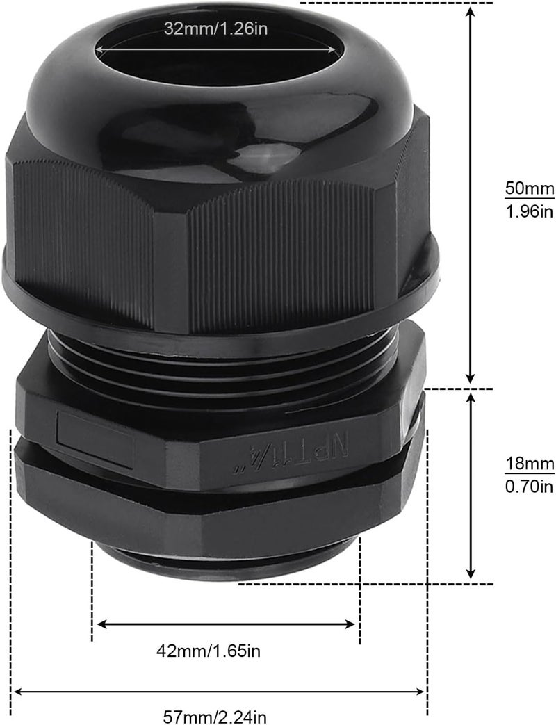 RTNLIT 1-1/4" NPT Cable Gland, Waterproof Adjustable Nylon Plastic Strain Relief Cord Connectors With Gaskets(Pack of 5) - Image 2